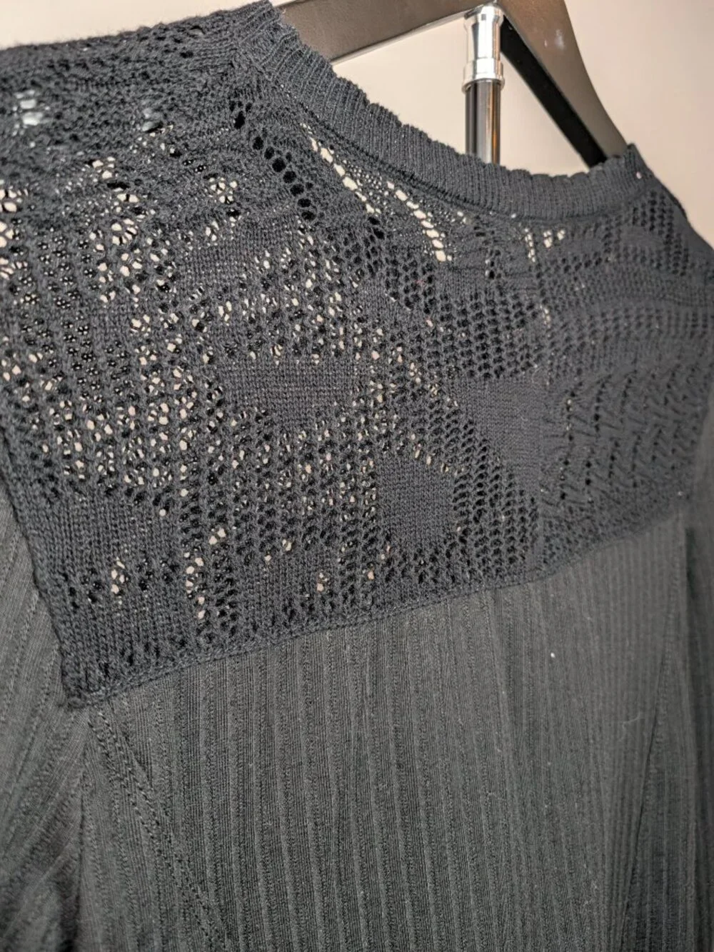 Free People Women's Size S Colette Top with Pointelle Detail Black Whimsical